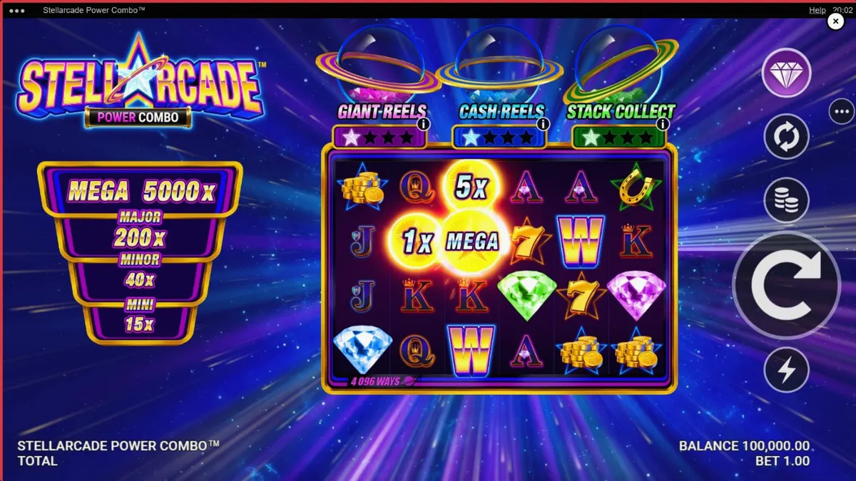 Visual vibrante e neon do caça-níqueis Stellarcade Power Combo com temática espacial e arcade