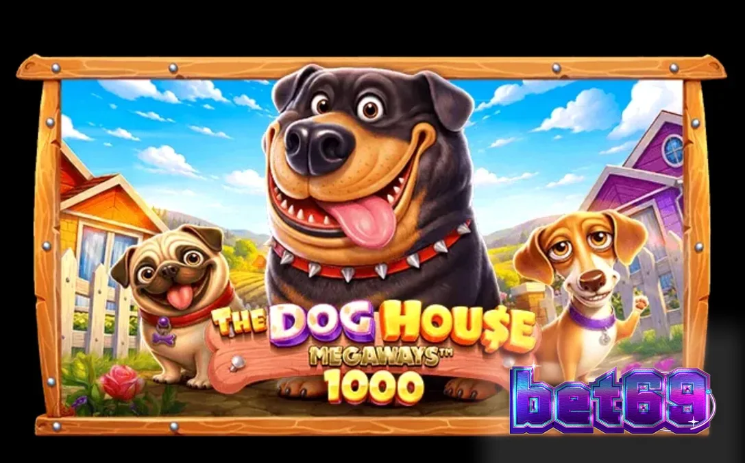 The Dog House Megaways 1000 slot interface com cães animados e fundo de campo.